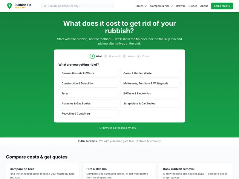 Screenshot of the Rubbish Tip Near Me homepage